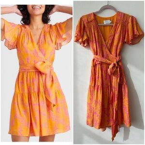 EXC Tanya‎ Taylor "Paris" Pink Orange Floral Wrap Flutter Sleeve Mini Dress Sz 6